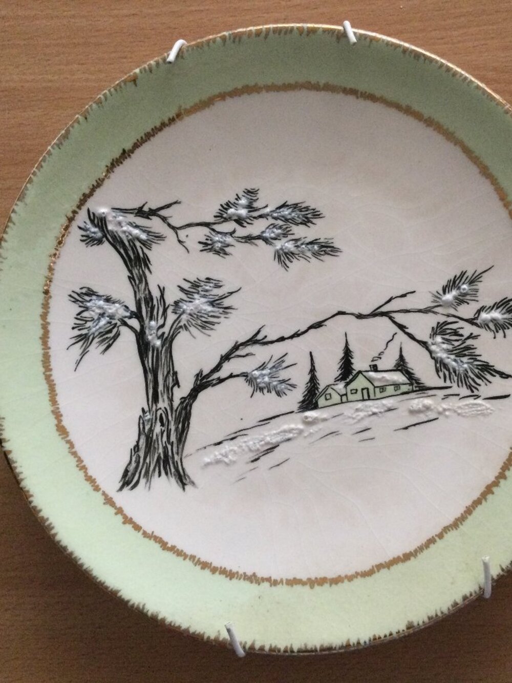 Vintage hand painted scene Wall Plate with Mountain Cabin Design + Metal Hanger